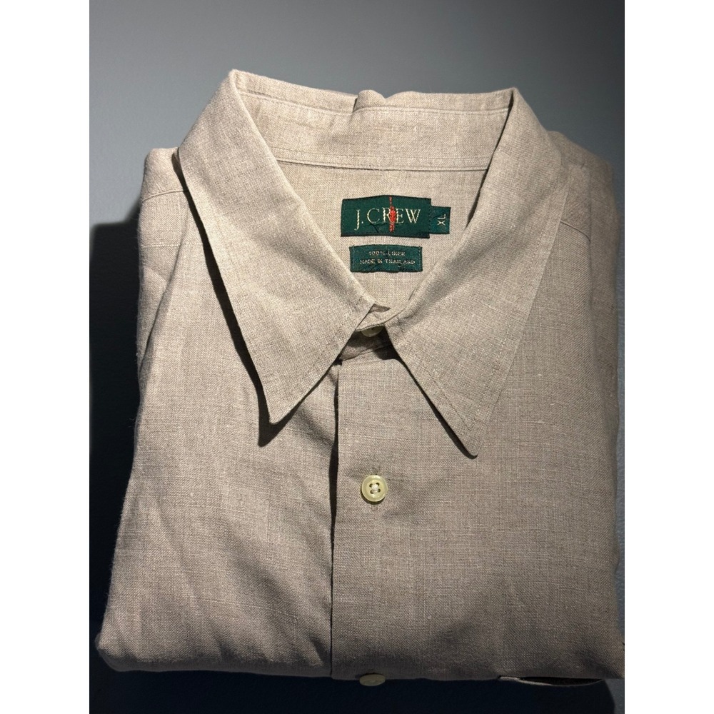 Vintage 90s J.Crew Oarsman Mens XL Tan Linen Button Down Shirt Long Sleeve